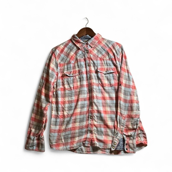 JACHS Girlfriend Coral and Blue Plaid Button-Down Long Sleeve Shirt Size Large - Picture 3 of 8